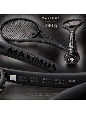 MAXIMUS SPIN 290 g tennis racket — complete product presentation
