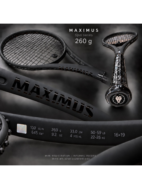 MAXIMUS SPIN 260 g tennis racket — complete product presentation