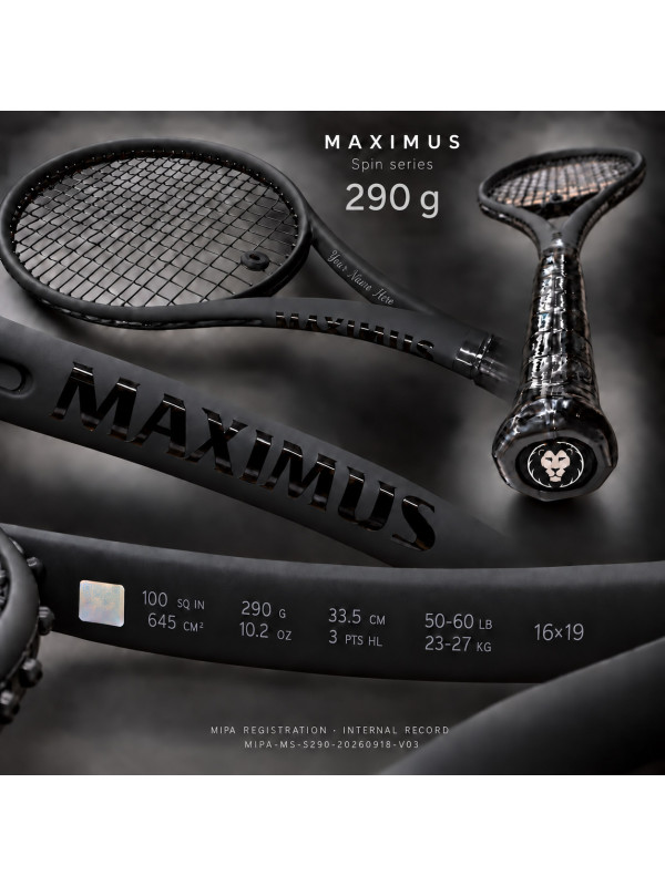 MAXIMUS SPIN 290 g tennis racket — complete product presentation