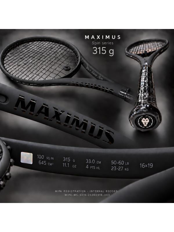 MAXIMUS SPIN 315 g tennis racket — complete product presentation